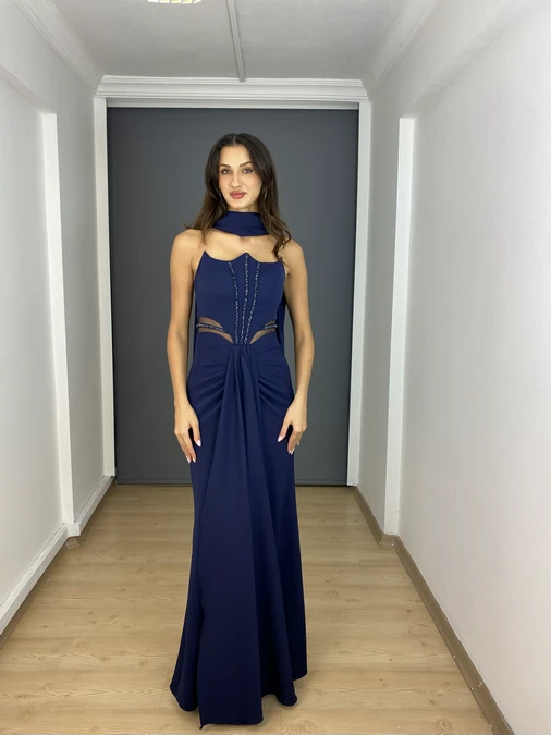 Lacivert Straplez Bel Transparan Yırtmaçlı Krep Uzun Abiye Elbise